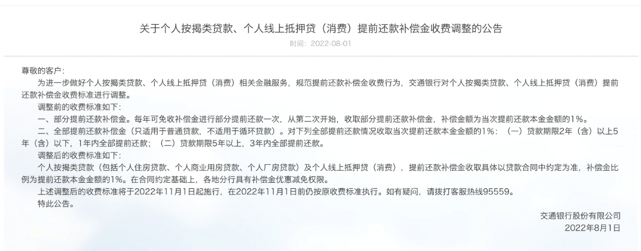 8月1日晚，交通银行发布一则《关于个人按揭类贷款、个人线上抵押贷（消费）提前还款补偿金收费调整的公告》，引发舆论热议。  8月2日下午，交行官网撤下这一公告。