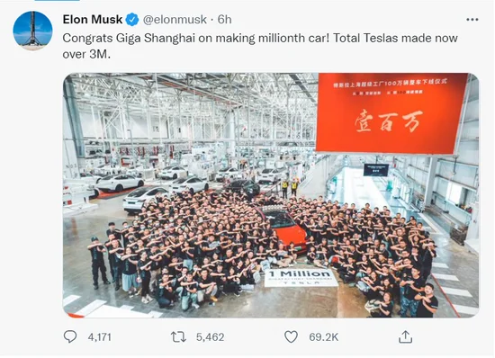 特斯拉首席执行官马斯克（Elon Musk）周日在推特上写道，特斯拉已经生产了300多万辆汽车。其中，特斯拉上海工厂累计生产了100万辆汽车。
