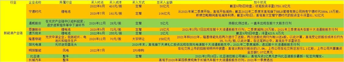 高瓴部分新能源企业持仓