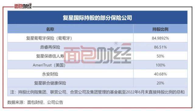 复星系保险版图透视  多年以来，复星系持续布局保险业务，目前已涉足财险、寿险、健康险、再保险等多个领域，持有多家国内外保险公司的股权。  根据复星国际2022年半年报，其富足板块下的保险业务包括复星葡萄牙保险（葡萄牙）、鼎睿再保险、复星保德信人寿、AmeriTrust（美国）、永安财险，持股比例分别为84.9892%、86.51%、50%、100%、40.68%。