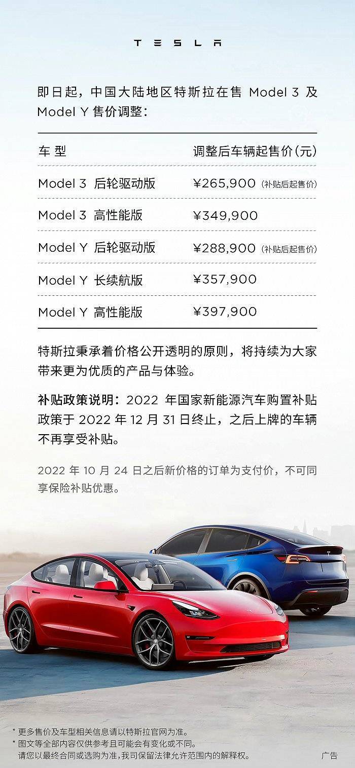 特斯拉官微发布消息称，即日起，中国大陆地区特斯拉在售Model 3及Model Y售价调整，调整后Model 3车型起售价为26.59万元人民币；特斯拉Model Y车型起售价为28.89万元人民币（均为补贴后起售价）。