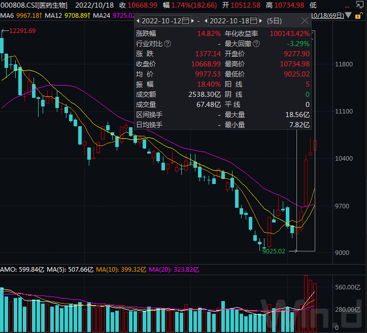 经过一年多回探，医药生物板块最危险时刻已过去。随着未来需求增长和估值低等多方面影响，本轮反弹中，医药板块受到资金抢筹，涨幅遥遥领先，后期投资如何选择？  // 医药生物持续爆发//  从市场表现来看， Wind行情显示，医药生物板块自10月12日上周三探出低点后开启连续反弹，放量拉升，五连阳引领市场。板块5个交易日自低点已累计涨幅高达14.82%，位居各大行业板块之前。