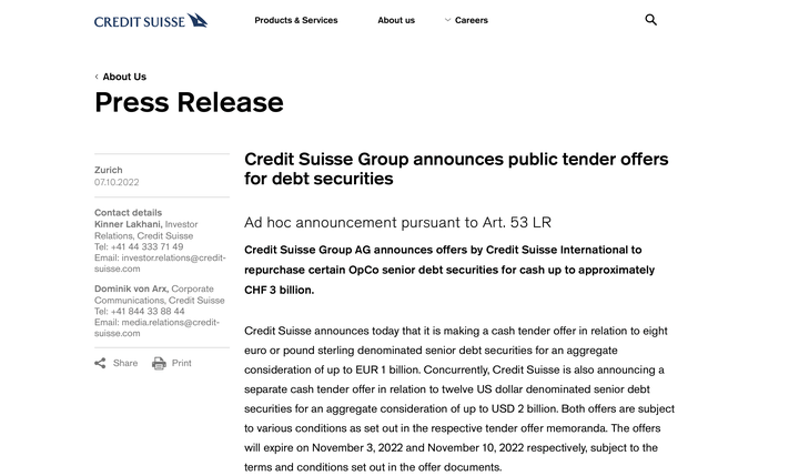 瑞士信贷（Credit Suisse，CS.NYSE）宣布，将以大约30亿瑞郎的现金回购部分运营公司（OpCo）的高级债务证券。  这是近期处于市场传言中动荡不安的瑞信的最新动作，亦是在安抚市场情绪。瑞信表示：“这些交易是我们管理整体负债构成和优化利息支出的积极表现，能够利用市场条件以有吸引力的价格回购债务。”