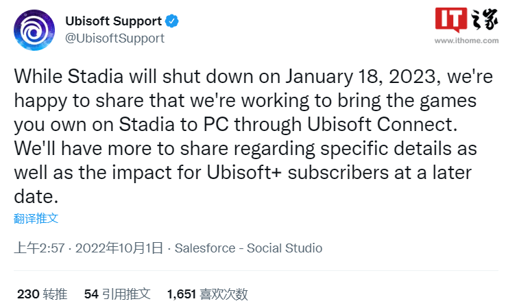 10 月 1 日消息，谷歌于昨日突然宣布将关闭旗下云游戏服务 Stadia，甚至许多游戏开发商都不知情。  在事件发生后，游戏厂商育碧宣布正加紧支持游戏转移，帮助玩家把在 Stadia 上购买的育碧游戏转移到 PC 上游玩。