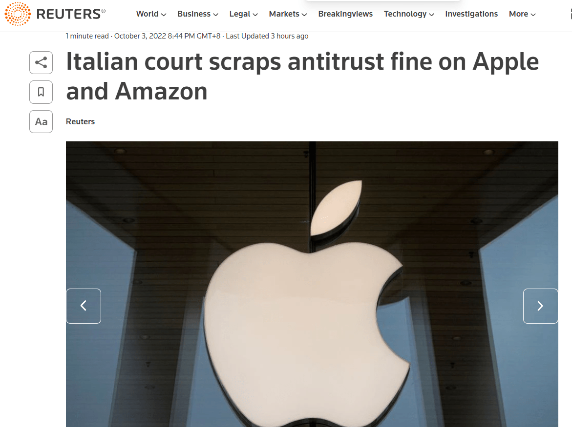 意大利的一家行政法庭今天取消了去年对苹果和亚马逊的 1.733 亿欧元（约 12.1 亿元人民币）的罚款，罚款原因是亚马逊在销售苹果和 Beats 产品时涉嫌反竞争合作。