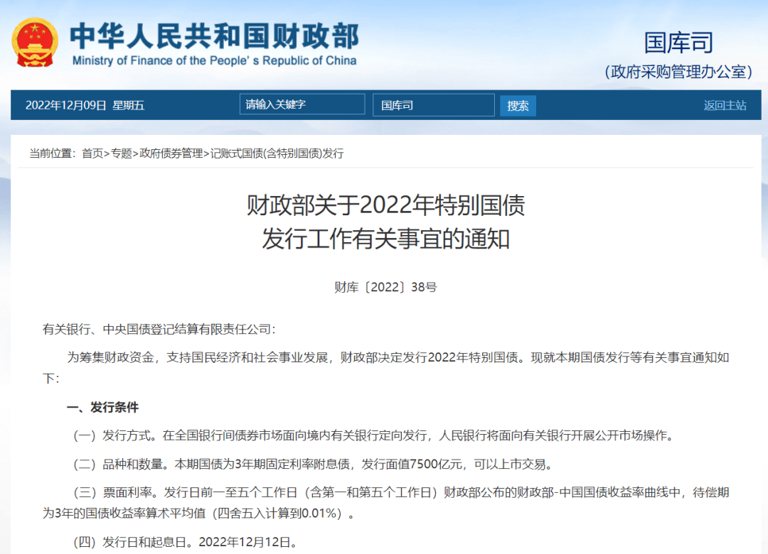 财政部发布关于2022年特别国债发行工作有关事宜的通知。为筹集财政资金，支持国民经济和社会事业发展， 财政部决定发行2022年特别国债。本期国债为3年期固定利率附息债，发行面值7500亿元，可以上市交易。发行日和起息日为2022年12月12日。