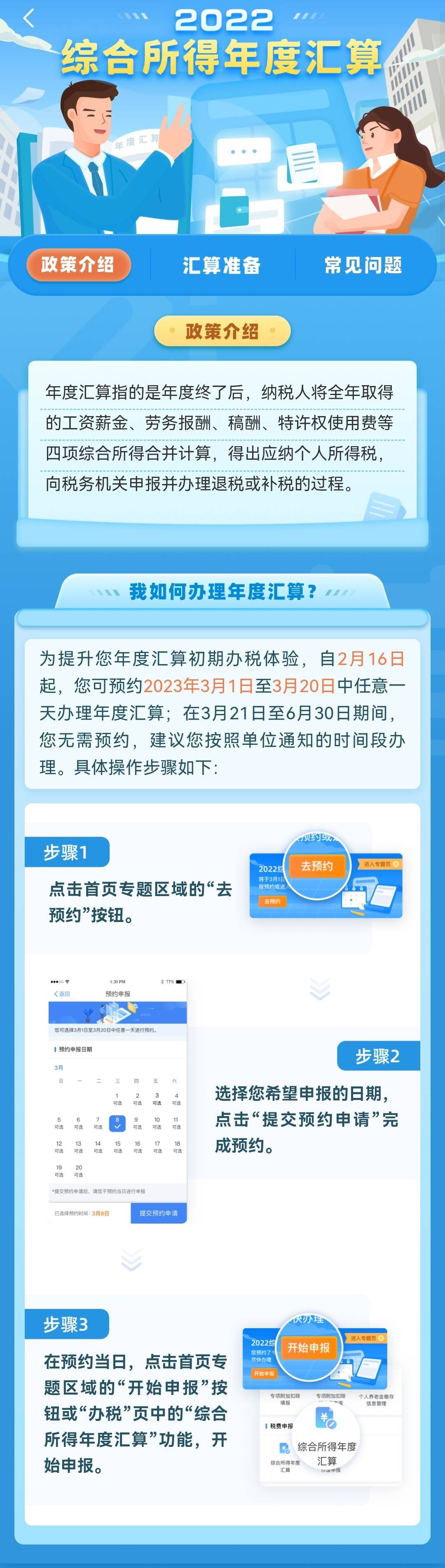 16日起可以提前预约个税办税  2022年度汇算办理时间为2023年3月1日至6月30日，届时个税将再次进行“多退少补”。