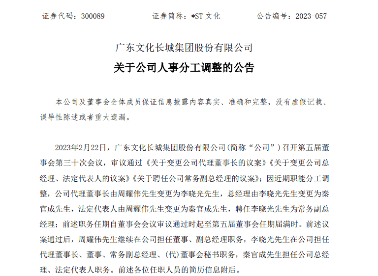 *ST文化2月22日晚间披露一系列人事分工调整，涉及代理董事长、总经理、常务副总经理等一系列核心职位。最惹人瞩目的是，公司推出了1995年出生的秦官成，他将接替李晓光成为公司总经理，接替周耀伟成为公司法定代表人。