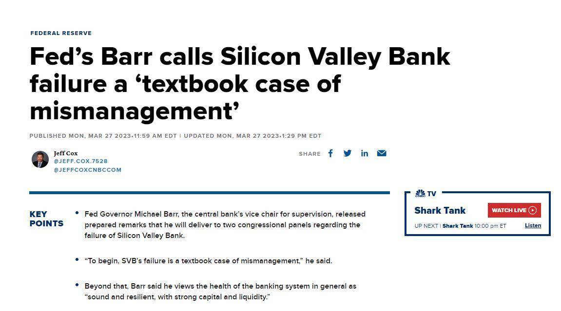 美联储负责监管业务的副主席迈克尔·巴尔(Michael Barr)在参议院听证会上表示，硅谷银行(SVB)的破产主要源于管理不善，以及储户爆发性的意外挤兑。同时，巴尔指出美国银行的监管和监督或需要加强。