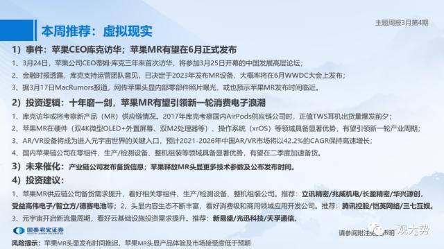 苹果MR或将于6月WWDC大会首发，凭借其在硬件、操作系统等领域的显著优势，有望引领新一轮消费电子浪潮。