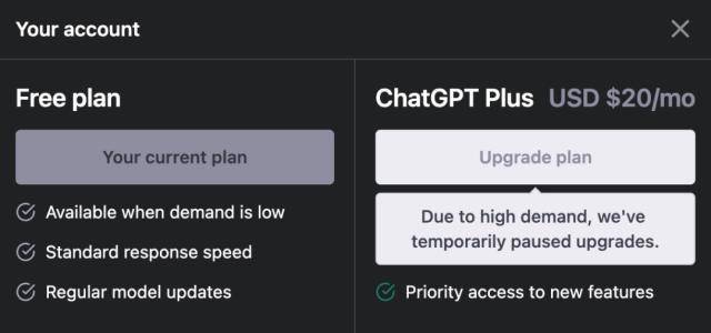 OpenAI的ChatGPT现已经不支持Plus订阅服务了。