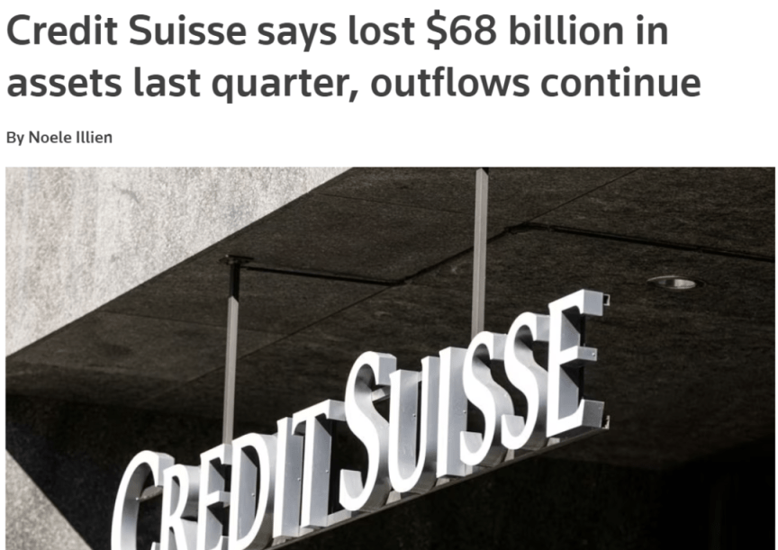 瑞士信贷表示，在今年第一季度，共有610亿瑞士法郎（约合680亿美元）的净资产从该行流出，而且资产外流的现象还在持续。路透社称，这一问题反映出瑞银集团收购拯救瑞士信贷面临的挑战。