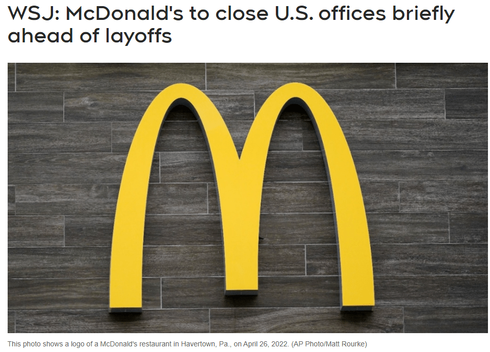 麦当劳突然关闭了其美国总部办事处，原因是该公司准备通知员工大裁员的消息。