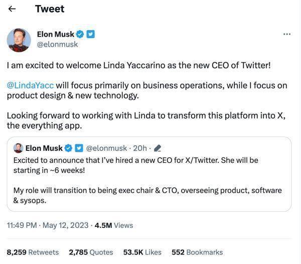 推特现任CEO埃隆·马斯克（ElonMusk）发布推特称已正式任命康卡斯特（Comcast）旗下NBCUniversal的广告主管琳达·亚卡里诺（LindaYaccarino）为推特新CEO。