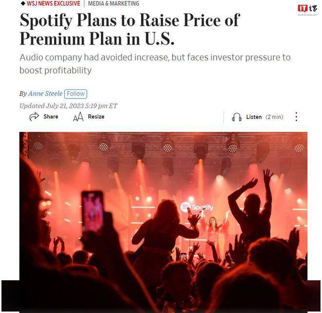 据《华尔街日报》报道，Spotify 下周将把标准订阅费提高1美元，每月费用从9.99美元提高到10.99美元（当前约79元人民币），定价变化只会影响无广告的高级套餐。